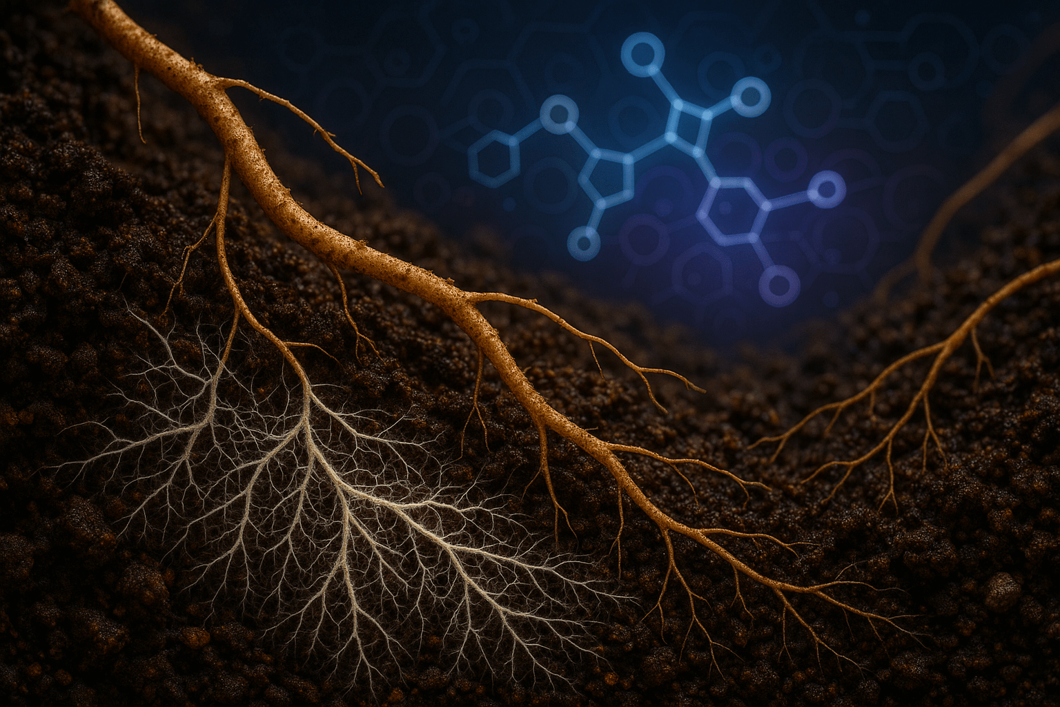 Roots in soil with a glowing molecular structure in the background