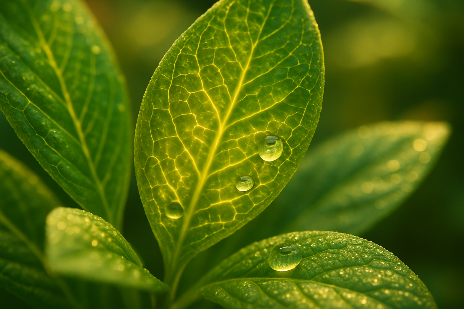 Close-up of green leaves with water droplets on a blurred green background