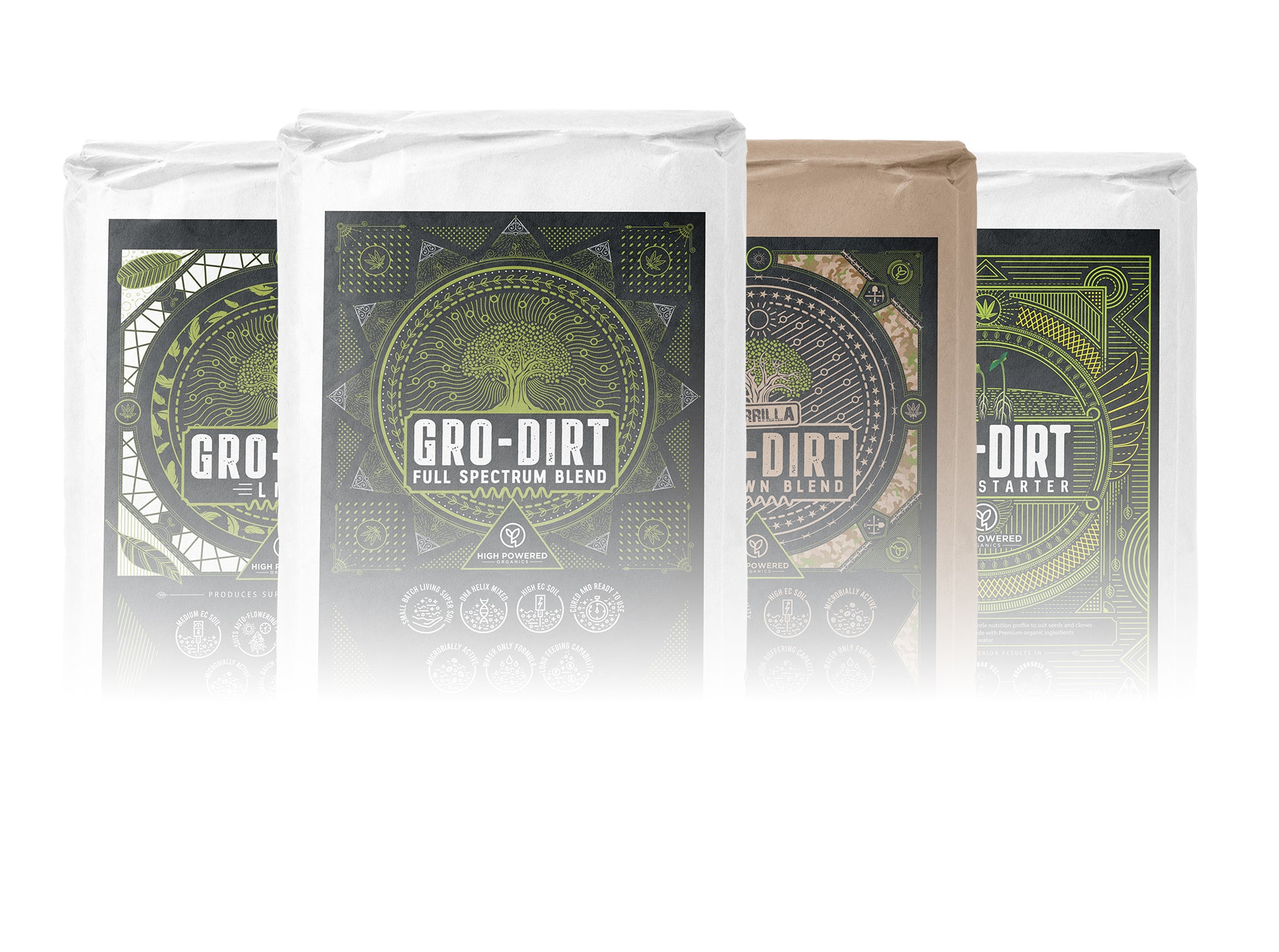 Gro-Dirt collection packaging on a white background
