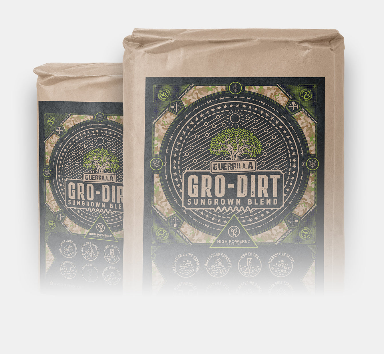 Two bags of Gro-Dirt Guerrilla on a white background