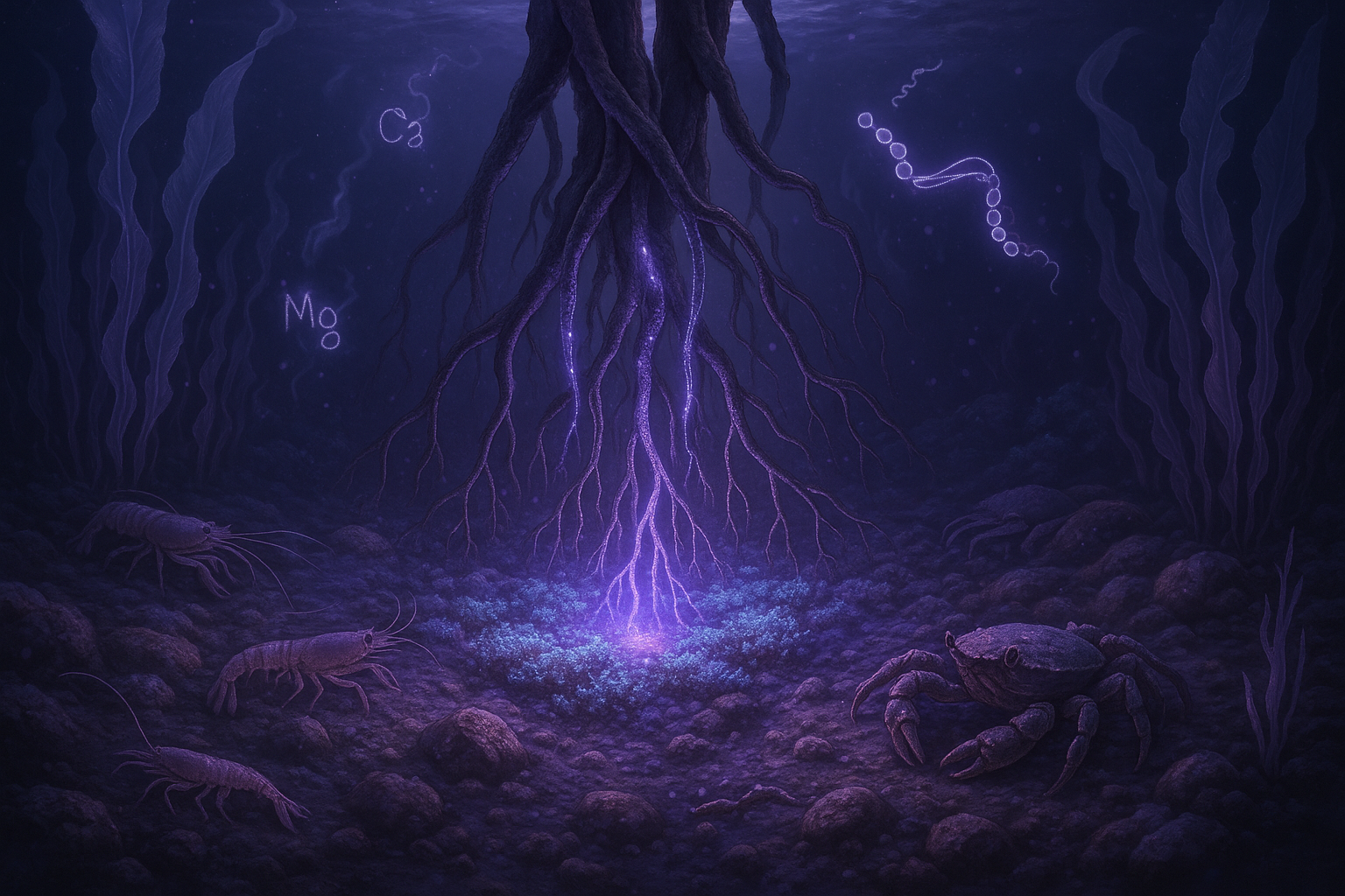 Underwater scene with glowing roots and marine life in a dark, mystical setting.