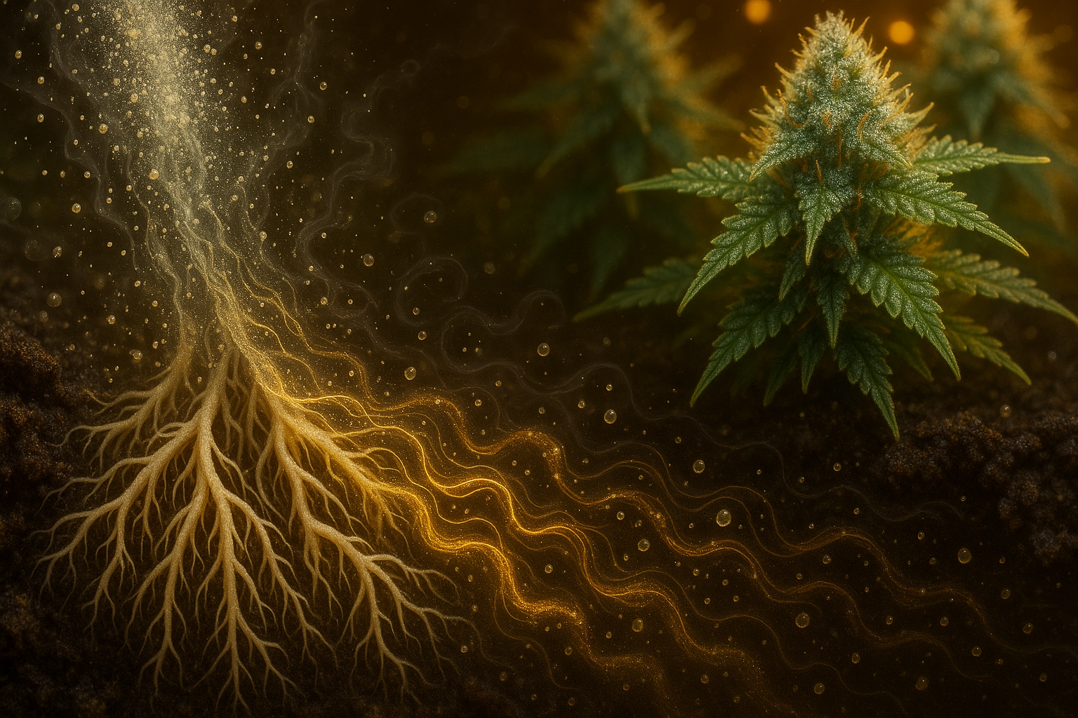 plant with roots highlighted in gold against a dark background