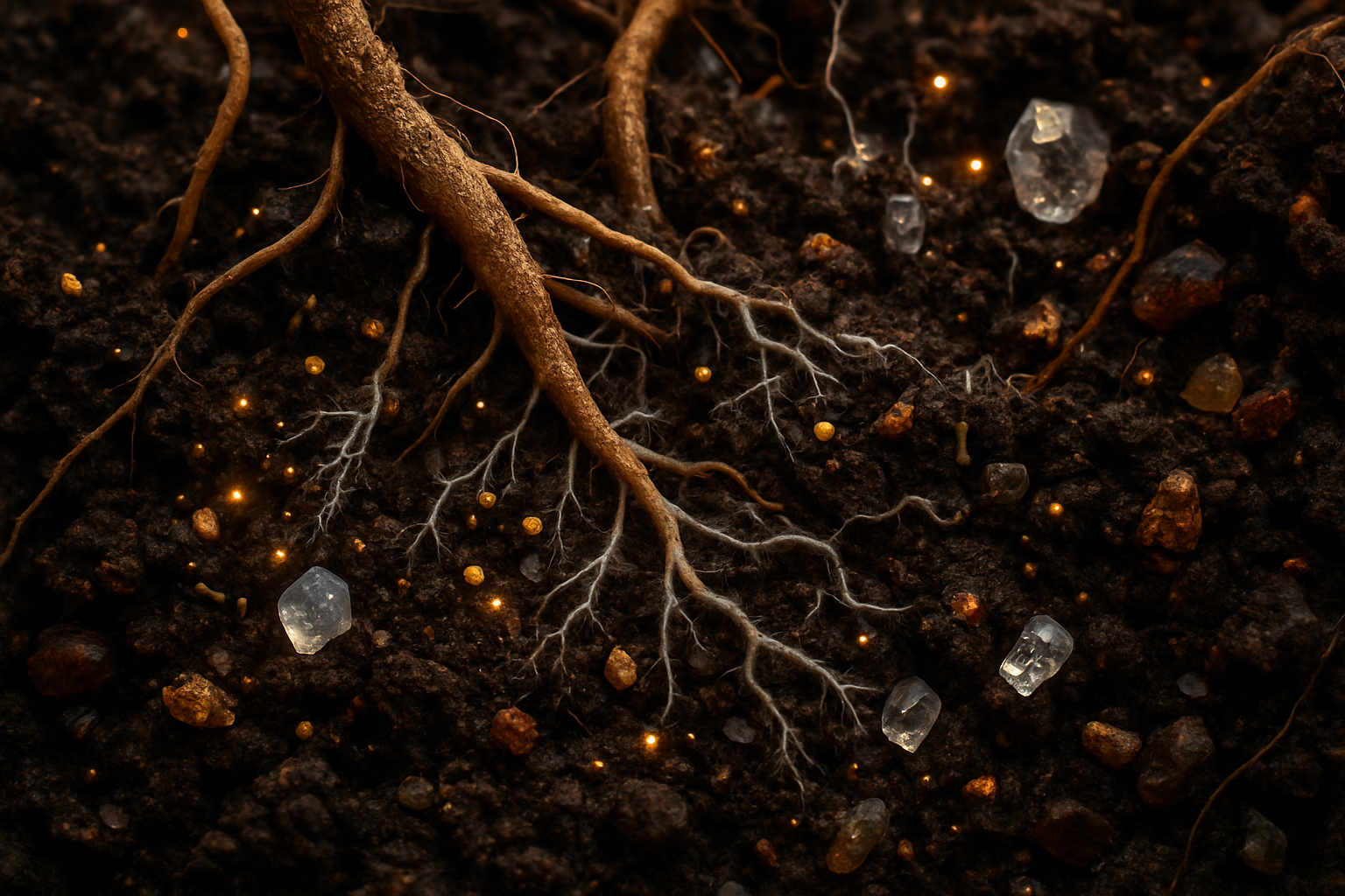 Close-up of plant roots in soil with small diamonds scattered around