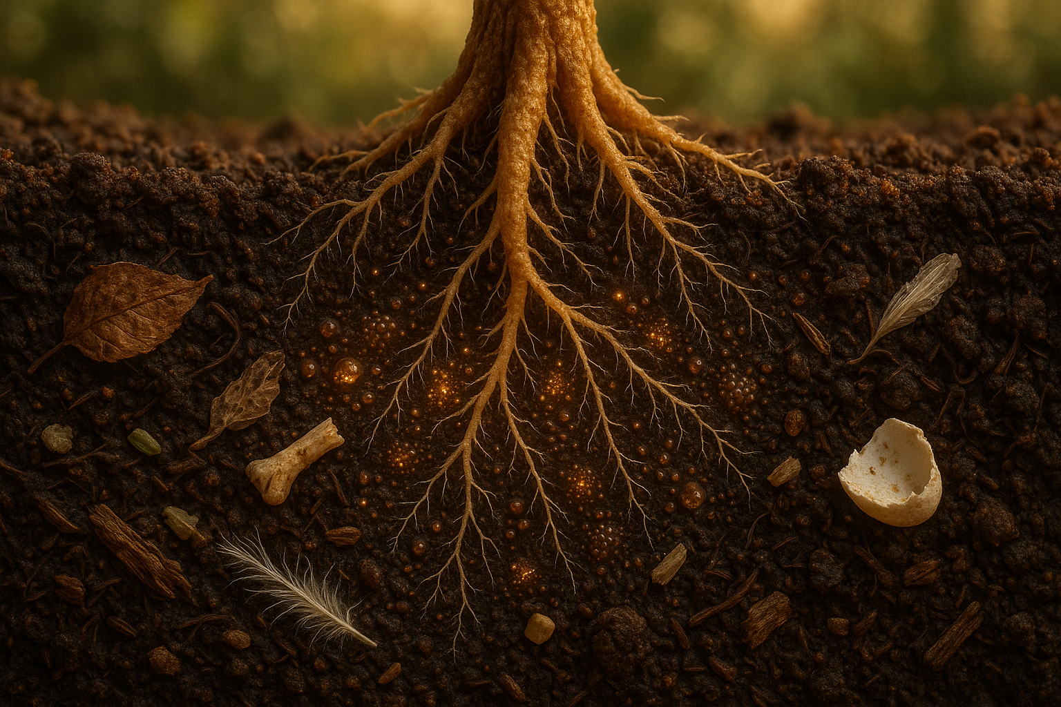 Close-up of tree roots in soil with a blurred natural background