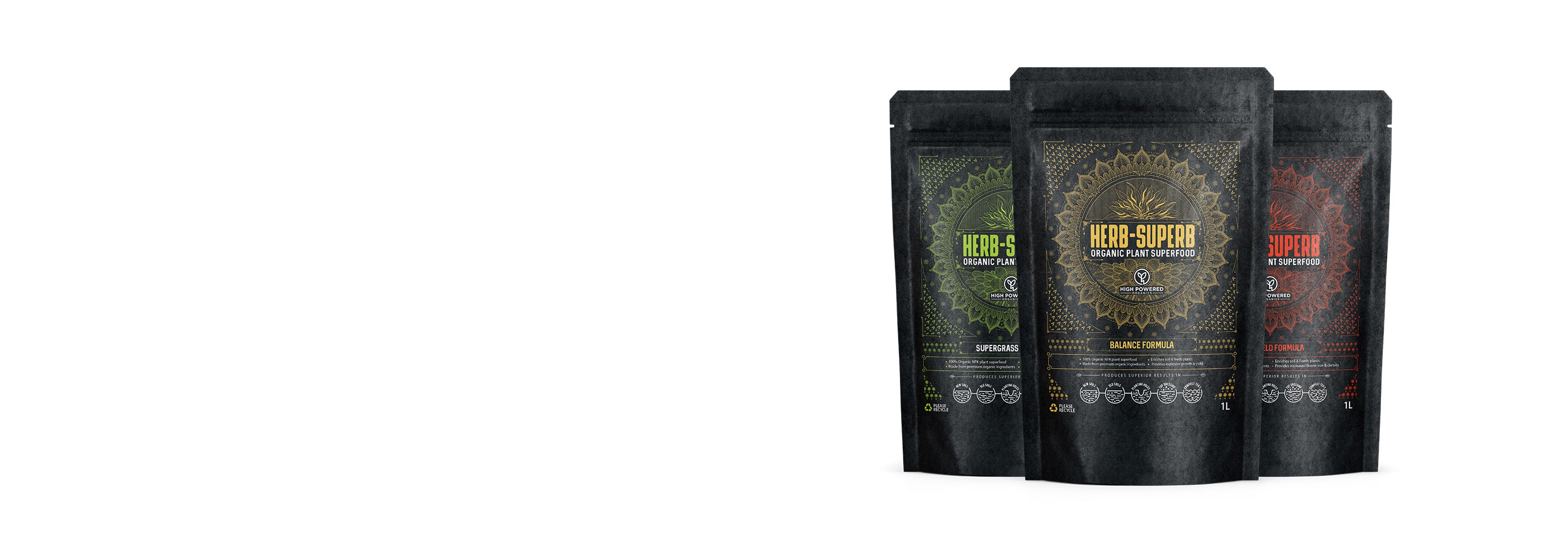 three bags of herb-superb on a white background