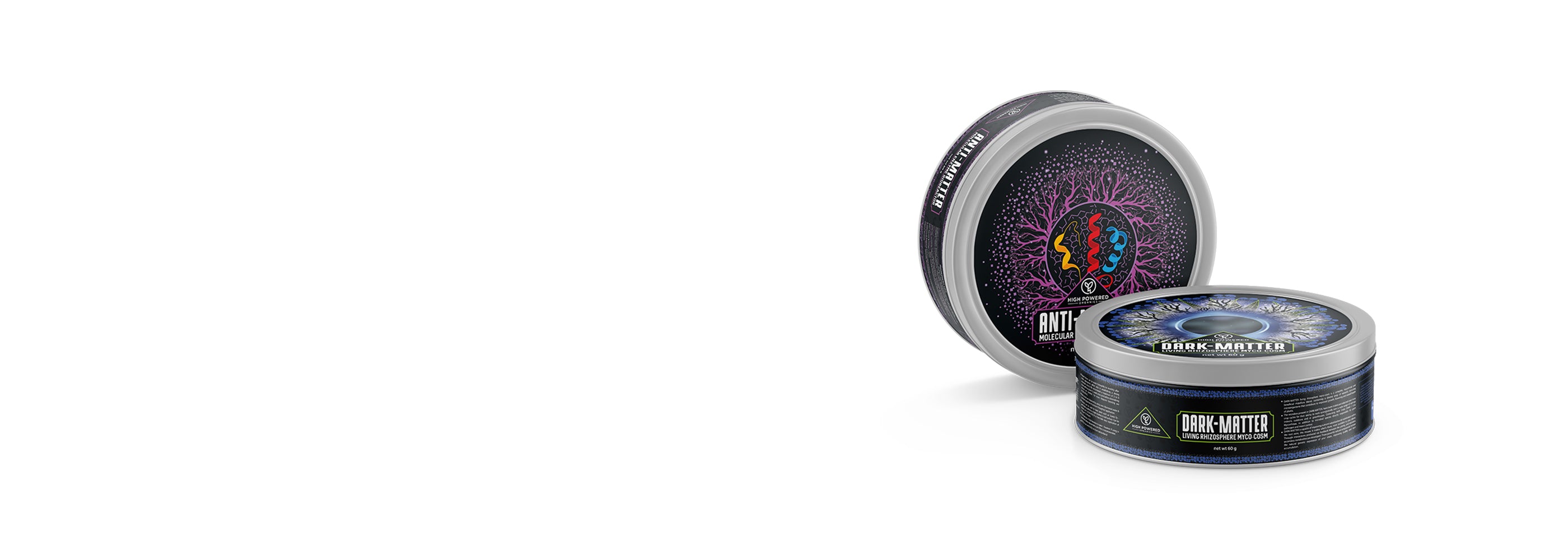 two containers of anti-matter and dark-matter on a white background