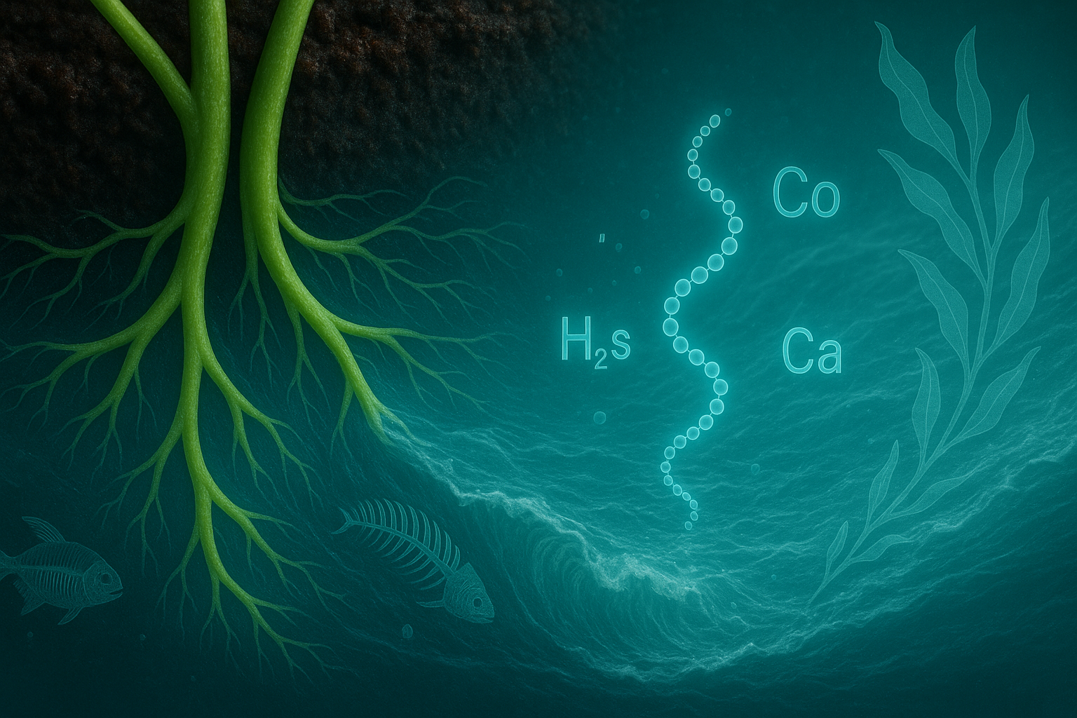 Illustration of underwater scene with green plant roots and chemical symbols on a dark blue background