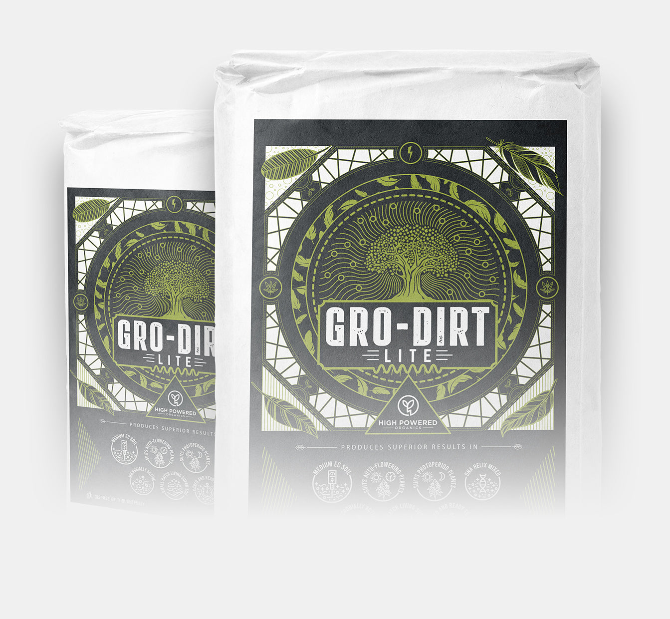 Two packages of Gro-Dirt Lite on a white background