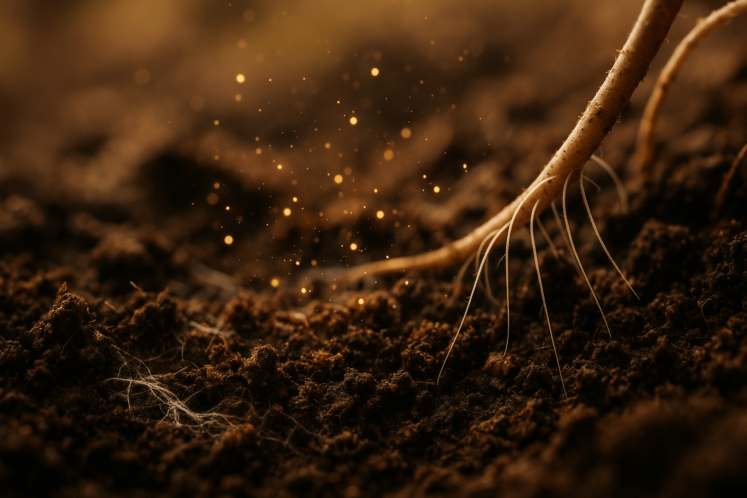 Close-up of a plant root in soil with a warm, brown color palette.