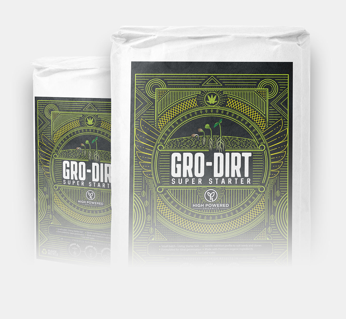 Two packages of Gro-Dirt Super Starter on a white background
